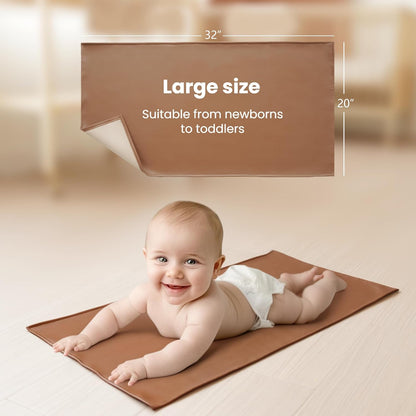 Konssy Faux Leather Baby Changing Mat, Waterproof, Wipeable & Portable Diaper Changing Pad for Travel or Home, Fits Perfectly in Diaper Bag, 32 x 20 inches (Brown,Beige)