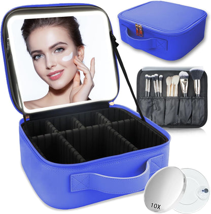 Makeup Bag with Led Mirror,Travel Makeup Organizer with 3 Color Setting & 10X Magnifying Mirror, Portable Storage and Adjustable Dividers Travel Makeup Bag-dark blue