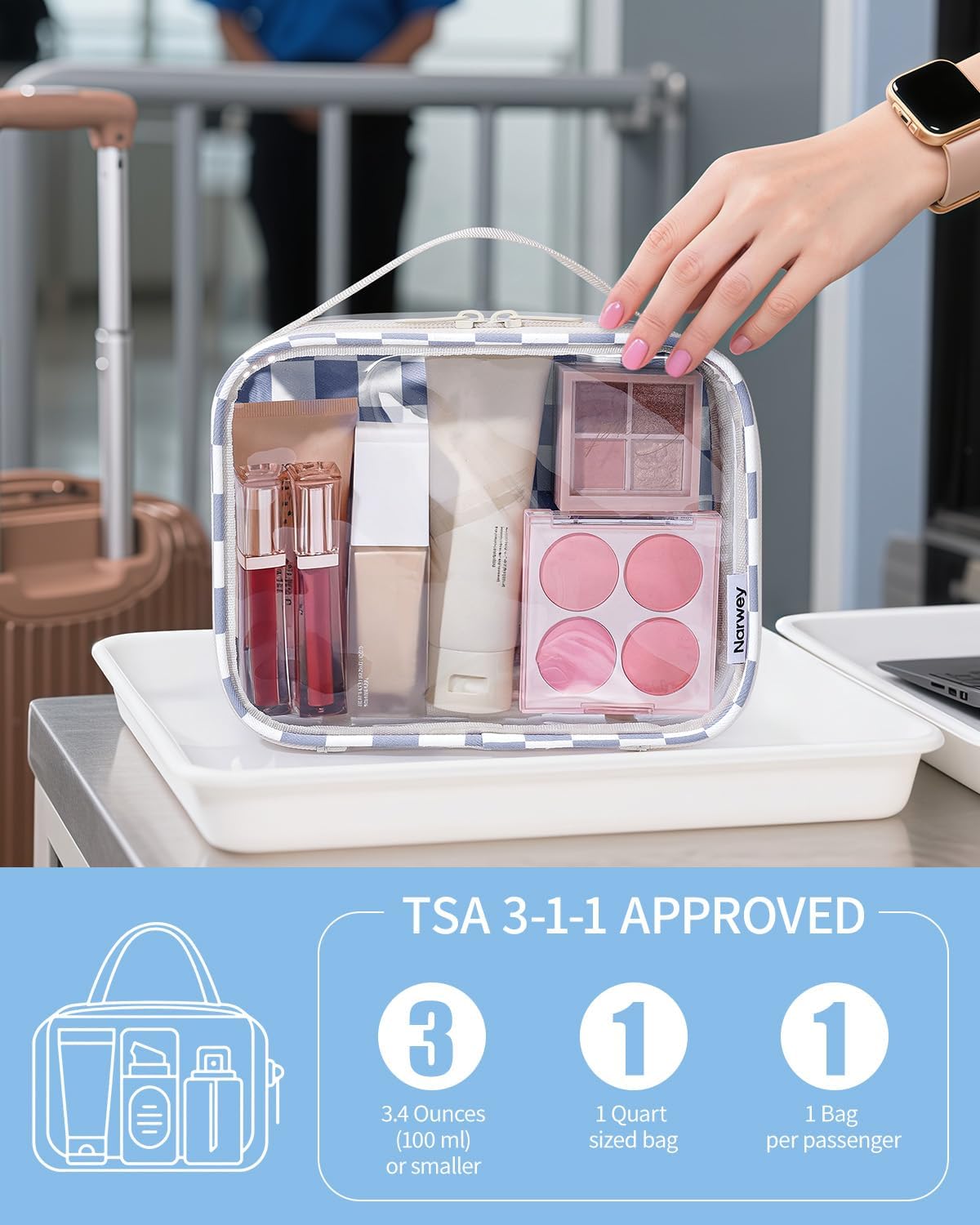 Narwey TSA Approved Clear Toiletry Bag for Travel, Waterproof PVC Clear Makeup Bags Portable Compact Cosmetic Bag Make Up Organizer Airport Airline Quart Size Compliant Bag (Grayish Blue Checkerboard)
