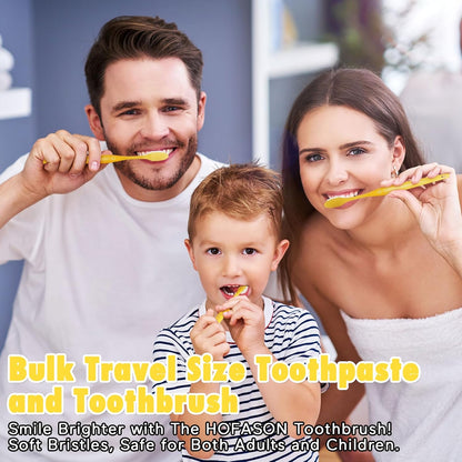 HOFASON Disposable Toothbrushes Pack of 50, Yellow Hollow Travel Toothbrush Set with Individually Wrapped Toothpaste for Homeless, Nursing Home, Shelter, Hotel