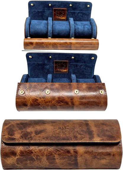 Genuine Napa Leather Watch Roll Travel Case for 3 Watches - Travel Watch Rolls and Leather Watch Display Cases with Velvet Interior - Watch Storage Organizer Men's