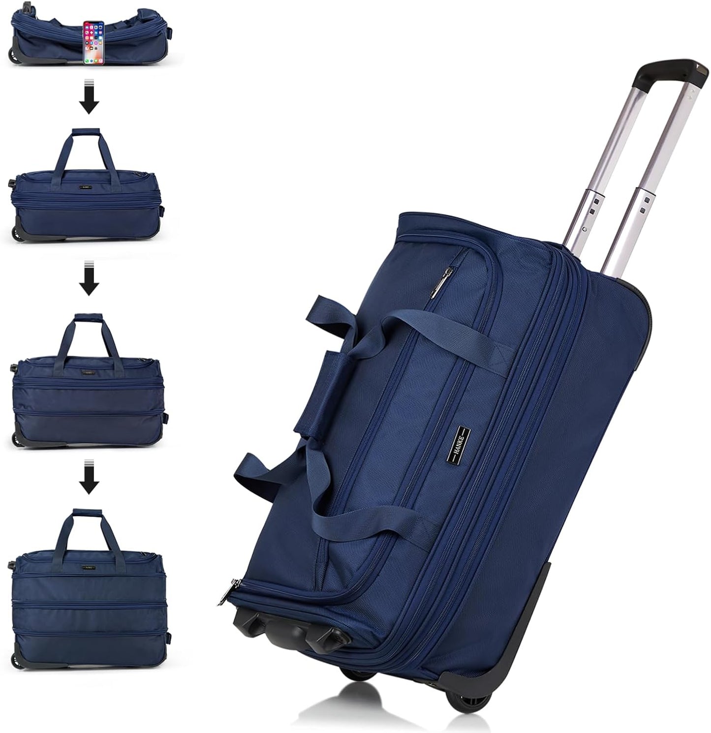 Hanke Expandable Carry On Luggage Suitcases with Wheels Foldable Duffle Bag for Travel Carry On suitcase Weekend Bag for Women Men（Blue）