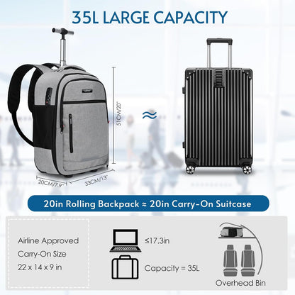 lychee Concealable Rolling Backpack-Adult Business Laptop Backpack with Wheels-20 inch Invisible Shoulder Strap Waterproof Backpack with Roller-Suitcase Travel Bag,Grey