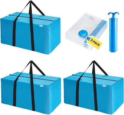 2-in-1 Space Saving Storage Bundle: Extra Large Blue Moving Bag (31.5"L) + Transparent Vacuum Compression bag with Hand Pump for Clothes, Bedding & Dorm Move-In (3 Moving Bags+3 Vacuum bags)
