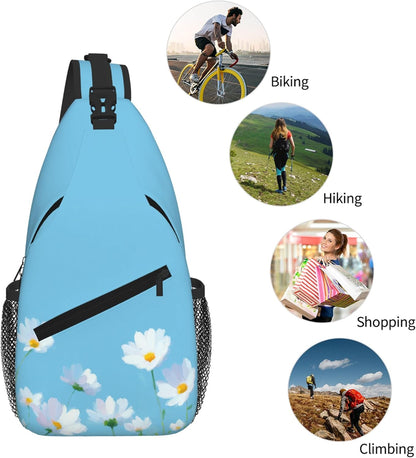 Sling Bag White Flower Blue Summer Hiking Daypack Crossbody Shoulder Backpack Travel Chest Pack for Men Women
