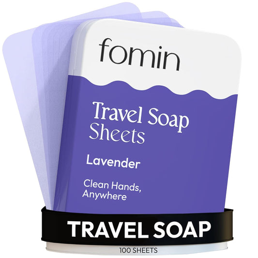 FOMIN - Antibacterial Paper Soap Sheets Tin for Traveling - (100 Sheets) Lavender Portable Travel Hand Soap Sheets, Dissolvable Mini Camping Hand Soap for Hand Washing