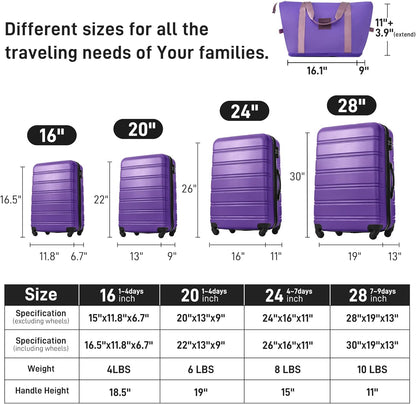 Merax Luggage sets of 13 Piece 16 20 20 28 IN Carry on Luggage Hard Case Purple Luggage Expandable Checked Luggage Suitcase Set with Wheels