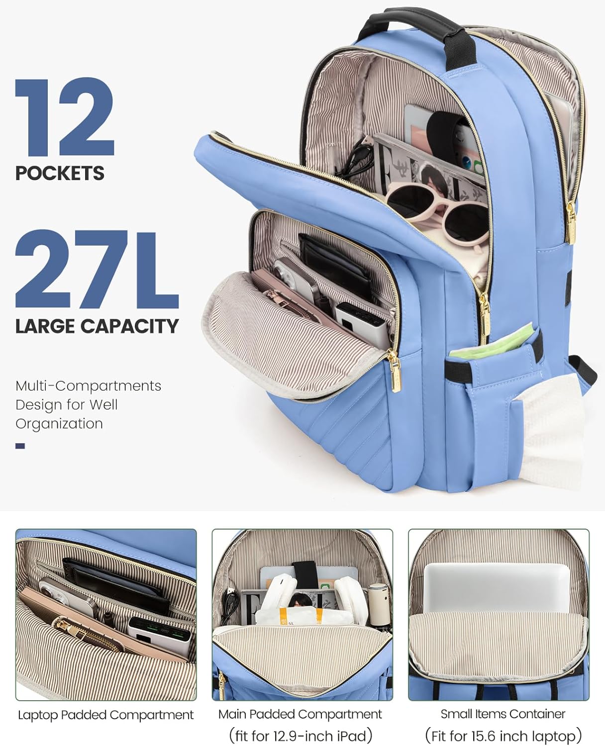 LOVEVOOK Laptop Backpack Purse for Women, Work Business Travel Computer Bags, College Nurse Backpack for Womens, Quilted Casual Daypack with USB Port, Fit 15.6 Inch Laptop, Blue