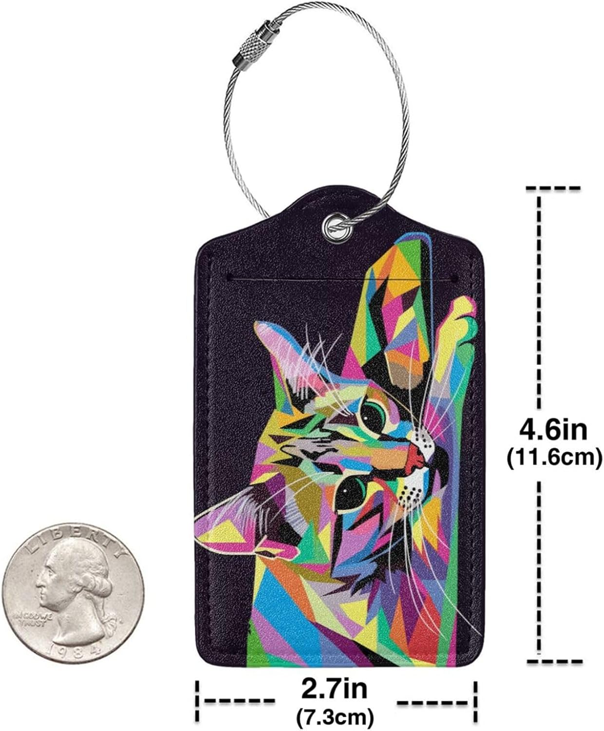 Cat Leather Luggage Tag with Stainless Steel Ring, Fun Name Id Card Cover Travel Bag Tag Set, Suitable for Travel Bag Luggage Women Men 1 PCS
