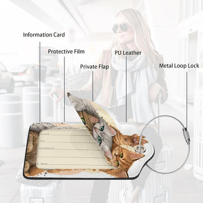 2 Pack Luggage Tags for suitcases Cute Funny cat Luggage Tag, Leather Stainless Steel Loop Label Tag for Men Women Travel Bag Suitcase（2 cat）