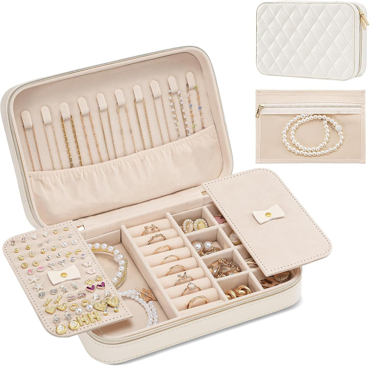 Lolalet Travel Jewelry Case for Women, Travel Jewelry Organizer Box with Mirror & Clear Storage Bag, Small Portable Traveling Earring Necklace Bracelet Ring Case, Bridesmaid Gifts -Medium, White