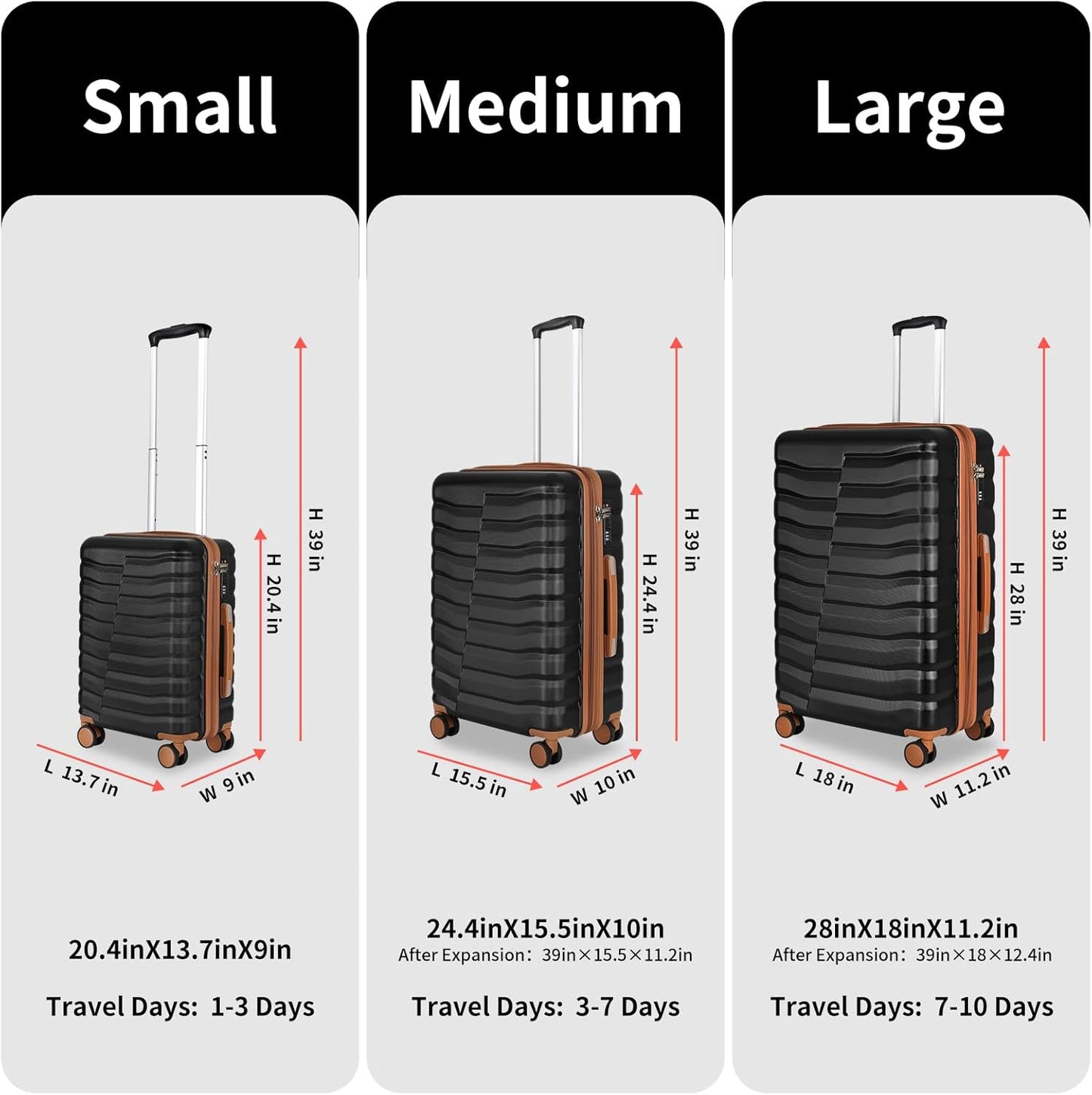 Lightweight Luggage with Spinner Wheels & YKK Zipper, 3-Piece Suitcase ABS+PC Hardside Hard Shell Luggage Set with TSA Lock, Black & Brown (20+24+28 inch)