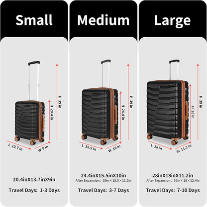 Lightweight Luggage with Spinner Wheels & YKK Zipper, 3-Piece Suitcase ABS+PC Hardside Hard Shell Luggage Set with TSA Lock, Black & Brown (20+24+28 inch)