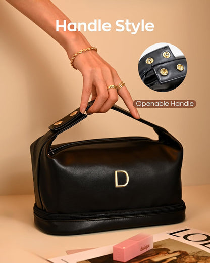 Birthday Gifts for Women, Personalized Makeup Bag with Handle, Initial Double Layer Cosmetic Bag with Makeup Brush Organizer, PU Leather Travel Toiletry Bag, Gifts for Friends Female Mom