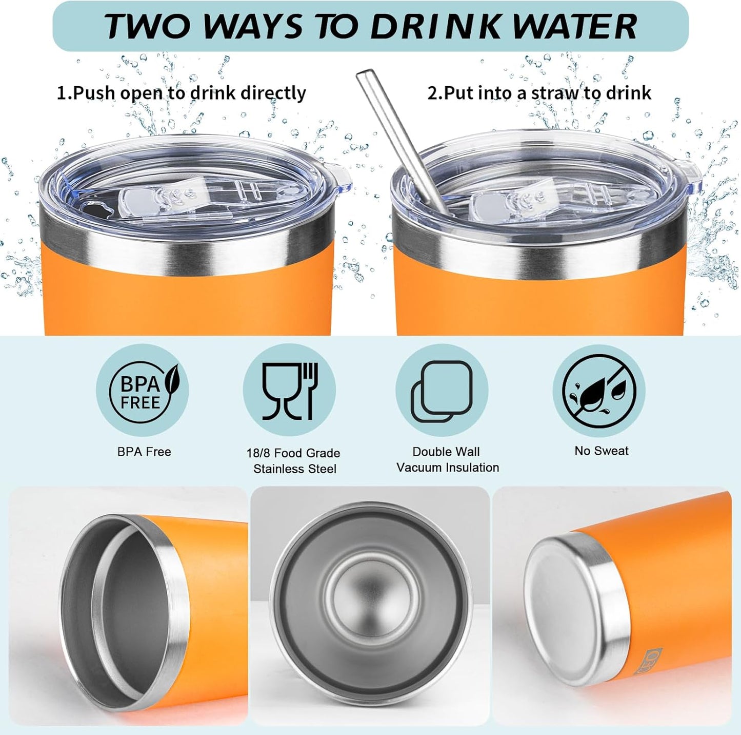 20oz Tumbler with Straw and Brush, Stainless Steel Vacuum Insulated tumbler, Double Wall Insulated Coffee Tumbler for Outdoor, Home, Travel,Office (orange,1pcs)
