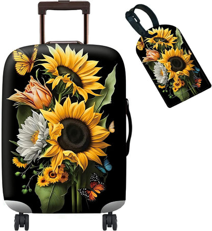 Suitcase Protector Plus 1 Luggage Tag, Sunflower Orchids Travel Suitcase Cover for 18-20 inch Luggage (S) with Concealed Zipper, Washable Elastic Cloth, Dustproof, Anti-Scratch