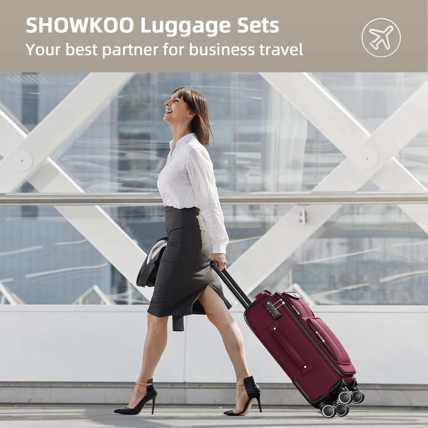 SHOWKOO Luggage Sets 3 Piece Softside Expandable Lightweight Durable Suitcase Sets Double Spinner Wheels TSA Lock Wine Red (20in/24in/28in)