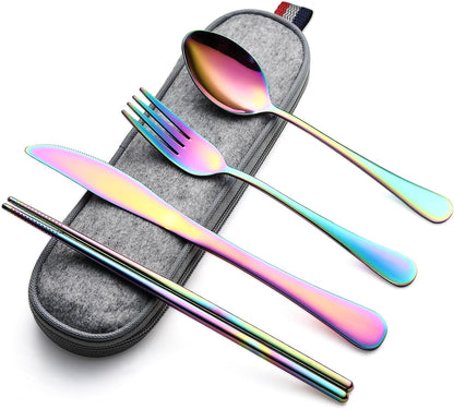 DEVICO Camping Utensils, Portable Travel Utensils with Case, Stainless Steel Reusable Silverware for Lunch Adult, 5Pcs Cutlery Set Includes Knife Spoon Fork Chopsticks and Case (Rainbow)