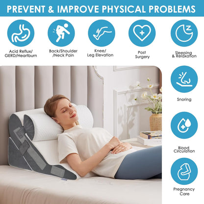 3PCS Bed Wedge Pillow for Headboard, Adjustable Wedge Pillow for Sleep Apnea, 23” Wide Triangle Pillow Wedge Set for After Surgery, Acid Reflux Relief, Snoring, Neck&Back Support, White/Grey