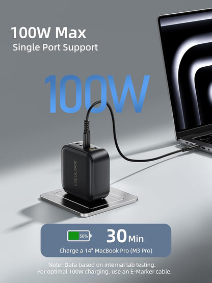 LULULOOK 100W USB C Charger, 4-Port GaN Fast Charging Block, PD Type-C Wall Charger Travel Adapter for MacBook Pro/Air, iPhone 16, Pixelbook, iPad, Samsung Galaxy S24, Console, UK/EU/AU Plug Included