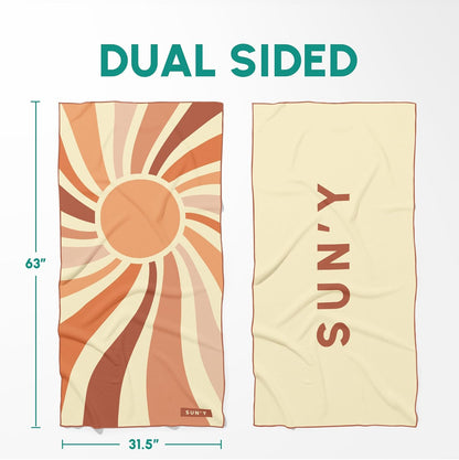 SUN'Y Waffle Microfiber Beach Towel – Sand Free, Quick Dry, Ultra Absorbent, Lightweight & Compact Travel Towel with Carry Bag - Large (63” x 31.5”), Rays