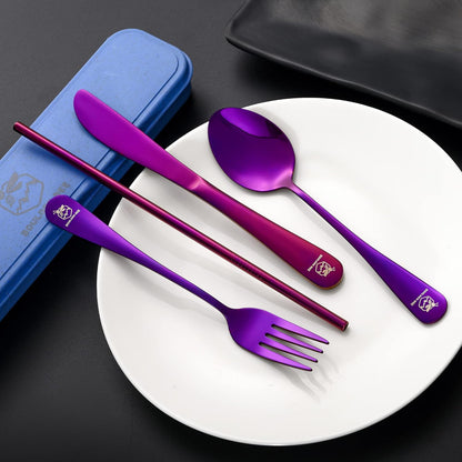 Boulder Bee | Travel Utensils Set | Reusable Camping Cutlery Set | Stainless Steel Flatware Set | Portable Silverware Set with Case | Includes Knife/Fork/Spoon/Straw/Cleaning Cloth/Case (Purple)
