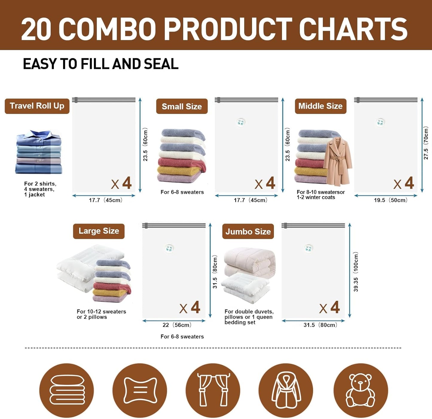 20 Pack Vacuum Storage Bags,Space Saver Bags for Clothing,Comforters,and Bedding,Includes 4 Jumbo, 4 Large, 4 Medium, 4 Small/4 Roll Bags,Compression for Closet & Travel, With Electric Pump