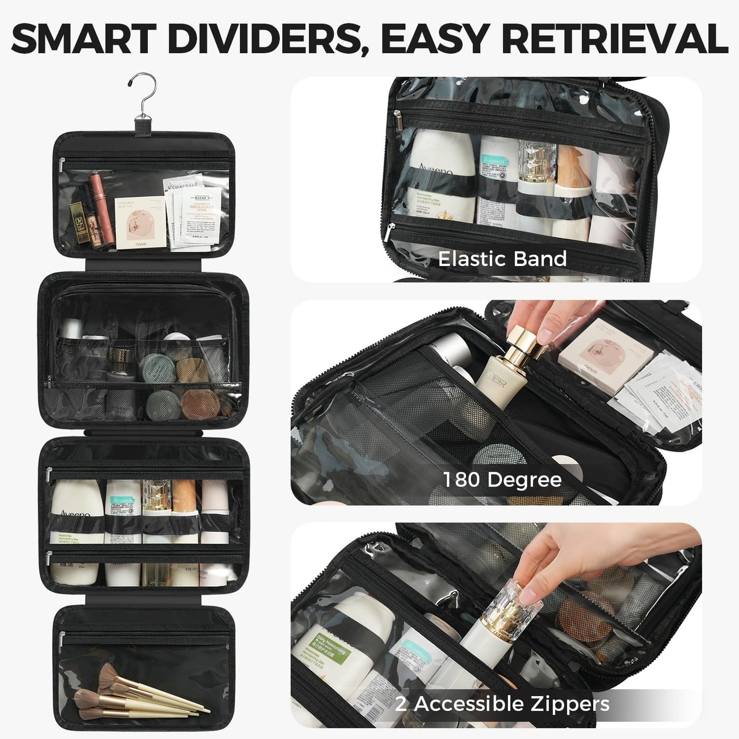 Toiletry Bag For women,Portable Hanging Organizer,4 Leakproof Compartment for full-sized Conditioner, Brushes Set, Makeup Accessories,Visible and easy to access.L-black