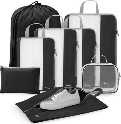 Gonex Expandable Mesh Packing Cubes - 8 Set Compression Organizer for Travel Essentials with Toiletry, Laundry, Shoe & Cable Bags - Black