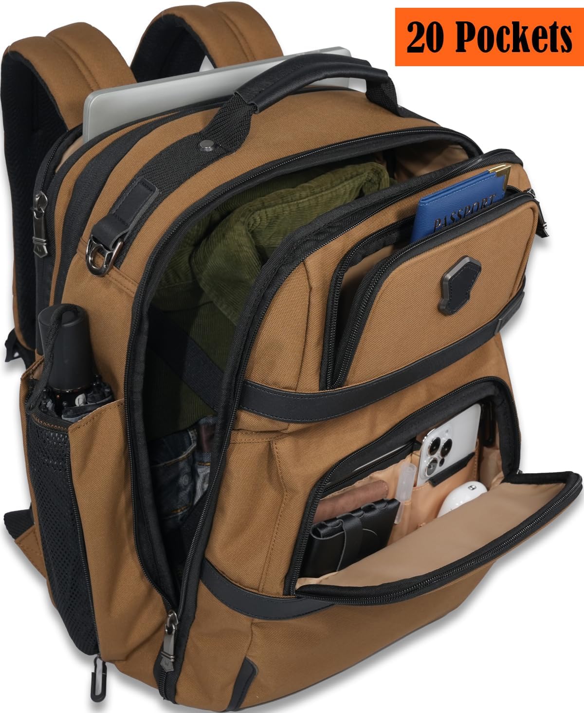 WELKINLAND 20-Pockets Travel Backpack, Carry-On luggage backpacks, 16-Inch laptop backpack for men, Expandable backpack with trolley sleeve, Travel backpack with shoe compartment