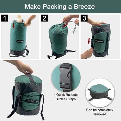 GoldCamp compression stuff sack for Ultralight sleeping bag, space saving gear with dust flap,18L/30L/43L/49L/65L Compression Stuff Sack, Waterproof, Camping, Travel, Outdoor, Backpacking(Green, M)