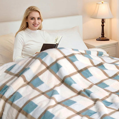 PU MEI Super Soft Faux Rabbit Fur Sherpa Fleece Throw Blanket, Reversible Luxury Cozy Cute Furry Blanket, Plush Warm Shaggy Fluffy Checkered Blankets for Sofa Couch Bed (Green-Plaid, 80" x 90")