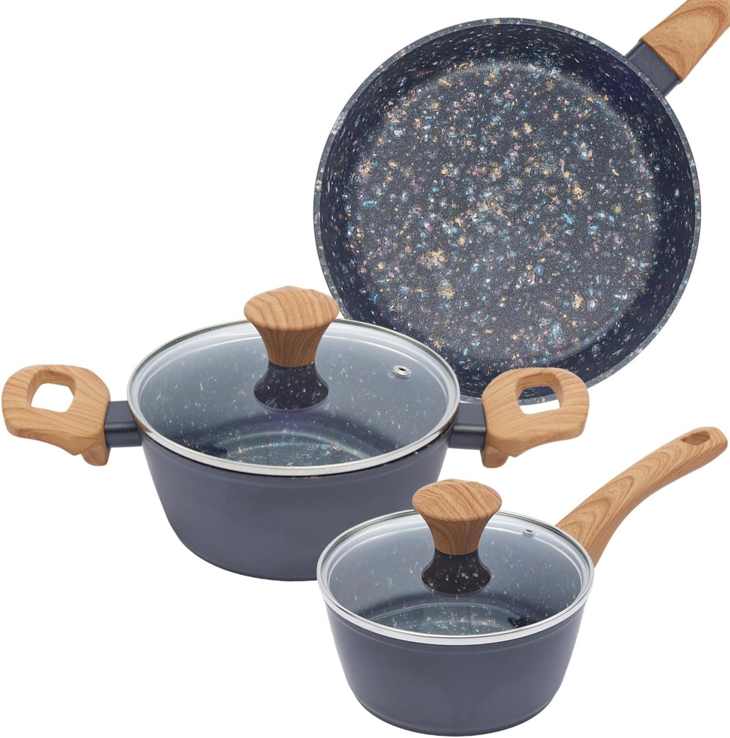 3-Piece Nonstick Pots and Pans Set with Lids, Includes 10.25 Inch Frying Pan 1.5Qt Saucepan and 2.2Qt Stock Pot, PFOA Free Dishwasher Safe Induction Compatible Family Cookware, Black