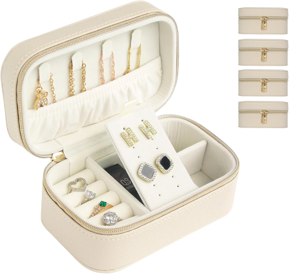 Travel Jewelry Case Bulk Of 4 For Women Weekend Trips, Gold Zip PU Leather Compact Jewelry Organizer For Earring Bracelets Beige Travel Jewelry Box Set Perfect For Small Bridesmaid Jewelry Box Gift