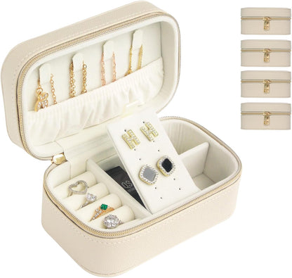 Travel Jewelry Case Bulk Of 4 For Women Weekend Trips, Gold Zip PU Leather Compact Jewelry Organizer For Earring Bracelets Beige Travel Jewelry Box Set Perfect For Small Bridesmaid Jewelry Box Gift