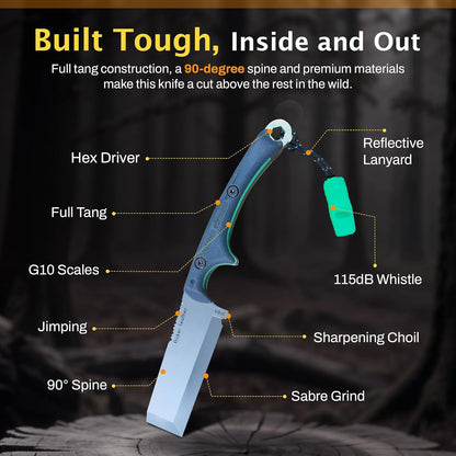 OUTDOOR ELEMENT Flicker Feather Knife Wise Owl GLOW - Right-Handed Survival Chisel Blade for Camping, Hunting, Culinary Knives & Bushcraft - Fixed Blade with Sheath, Firestarter and Emergency Whistle