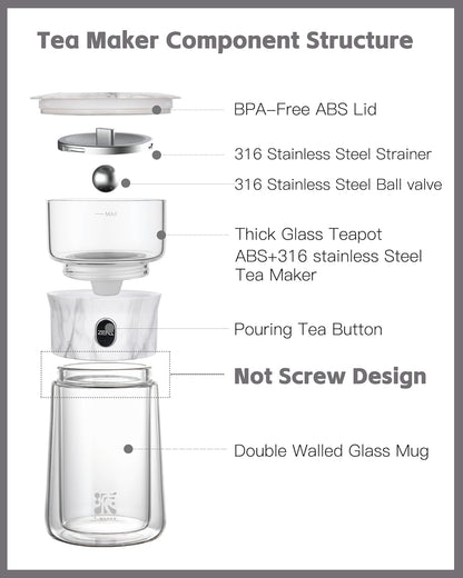ZENS Modern One Touch Tea Maker, Glass Teapot with Infuser for Loose Leaf Tea Diffusers, Mess-Free Smart Pouring with Insulated Mug and Portable Tea Kits for Tea Lover Gifts
