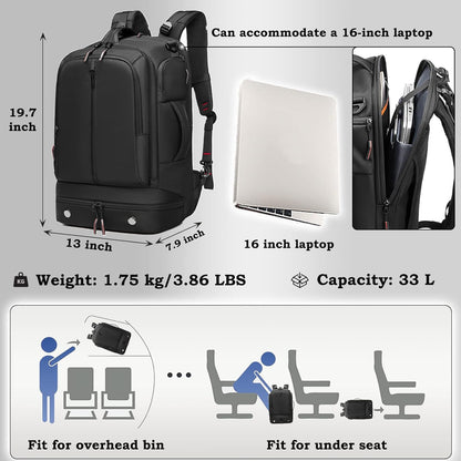 Somago Laptop Backpack Carry On Water Resistant Durable Daypack Backpack fits 16 inch Laptop Anti Theft Travel Rucksack Backpack with Shoe Compartment Luggage Strap for Men Women, 33L, Black