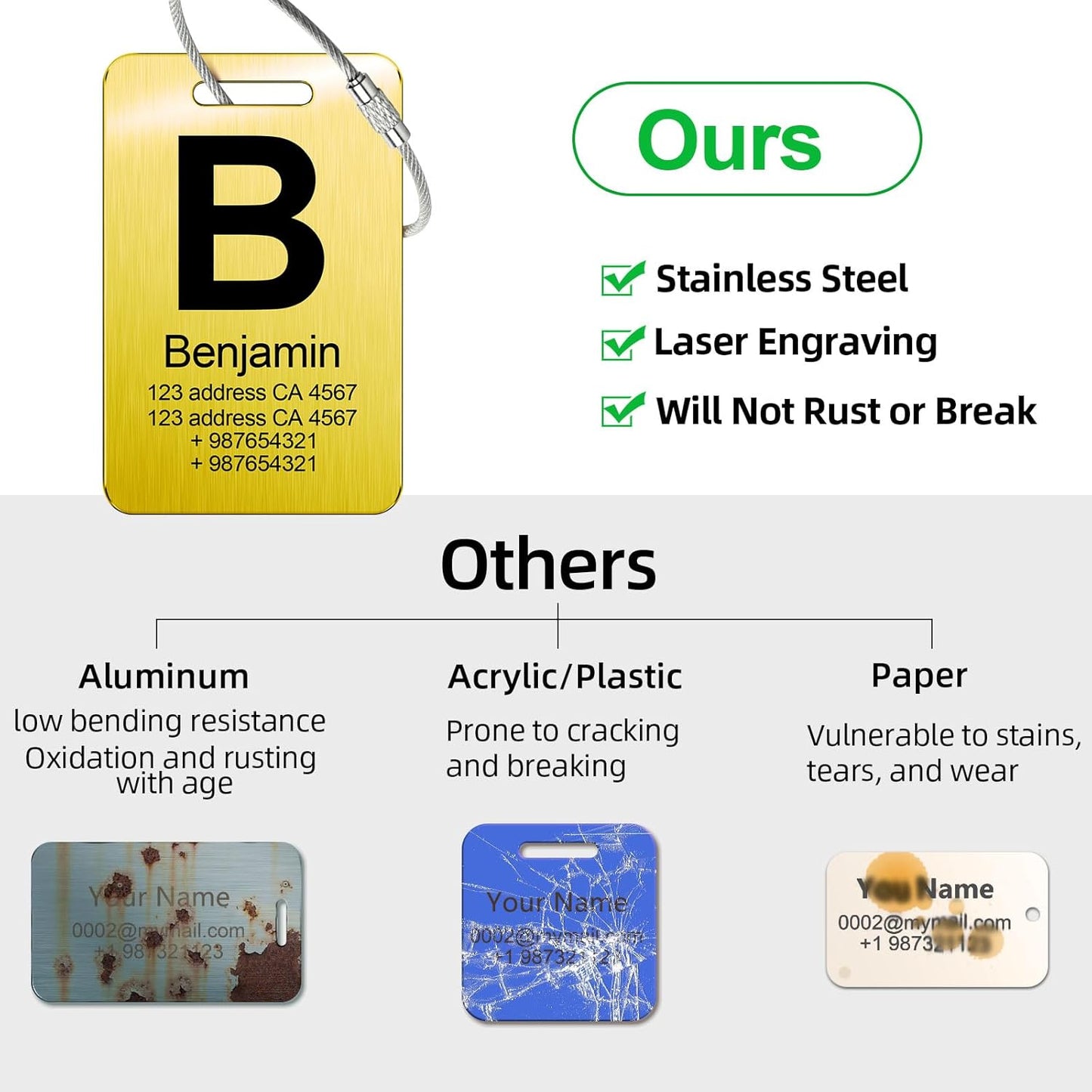 Customized Stainless Steel Luggage Tags: Personalize Your Suitcases, Backpacks, and Bags with Your Text - Custom Initial Text Name ID,Number 2"x3.3"(4 Pack)