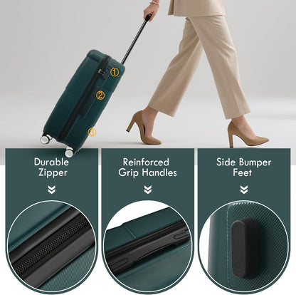 Merax Luggage Sets of 3 Piece Carry on Suitcase Airline Approved,Hardcase Suitcase Set with Double Spinner Wheels,Dark Green