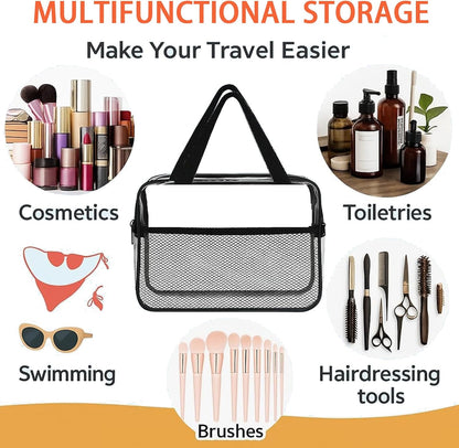 XEWEA 2PCS Small TSA Approved Clear Travel Toiletry Bags for Men Women,Transparent Makeup Cosmetic Bag with Handle,Waterproof PVC Quart Organizer Storage Pouch for Toiletries Airline Essential, Balck