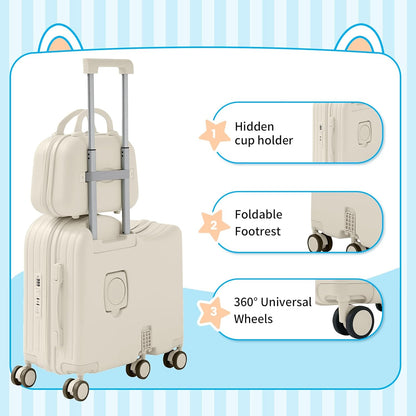 TABU Ride-on Luggage with Handbag for Kids，Hardshell Carry On Suitcase with Hidden Cup Holder, Foldable Pedal,Type-C & USB Interface, TSA Lock, 6-Spinner Wheels, White