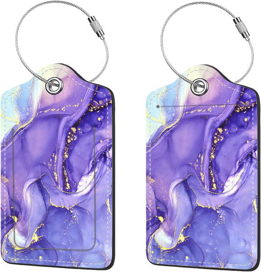 2 Pcs Luggage Tags for Suitcase, Cute Unique PU Leather Travel Bag Tag with Privacy Cover ID Label Address Card and Durable Metal Ring Suitable for Men Women Children Backpack,Purple Marble
