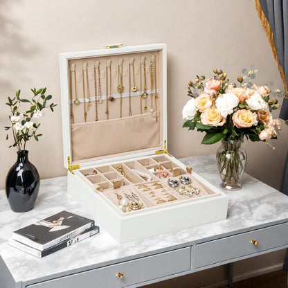 Jewelry Box Organizer for Women,White 2 Layer jewelry Stoarge Case,Built in Necklace Hook and Detachable Jewelry Tray,Indoor Jewelry Display Box