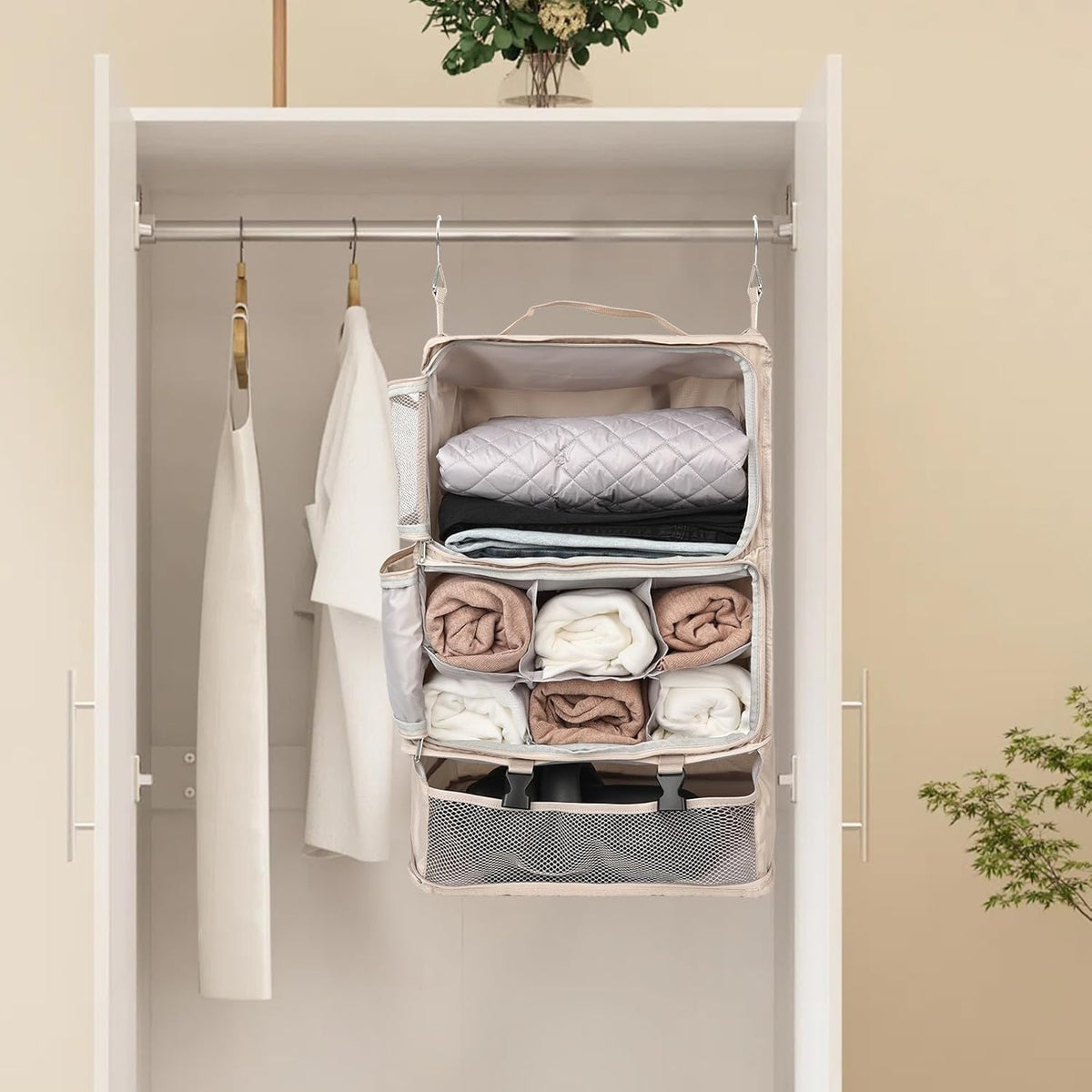 TABITORA Travel Portable Hanging Shelves Closet Organizer Packing Luggage Storage with Multifunctional and Foldable Invisible Compartment,Lightweight, for Suitcase, RV,Closet…Beige,XXL