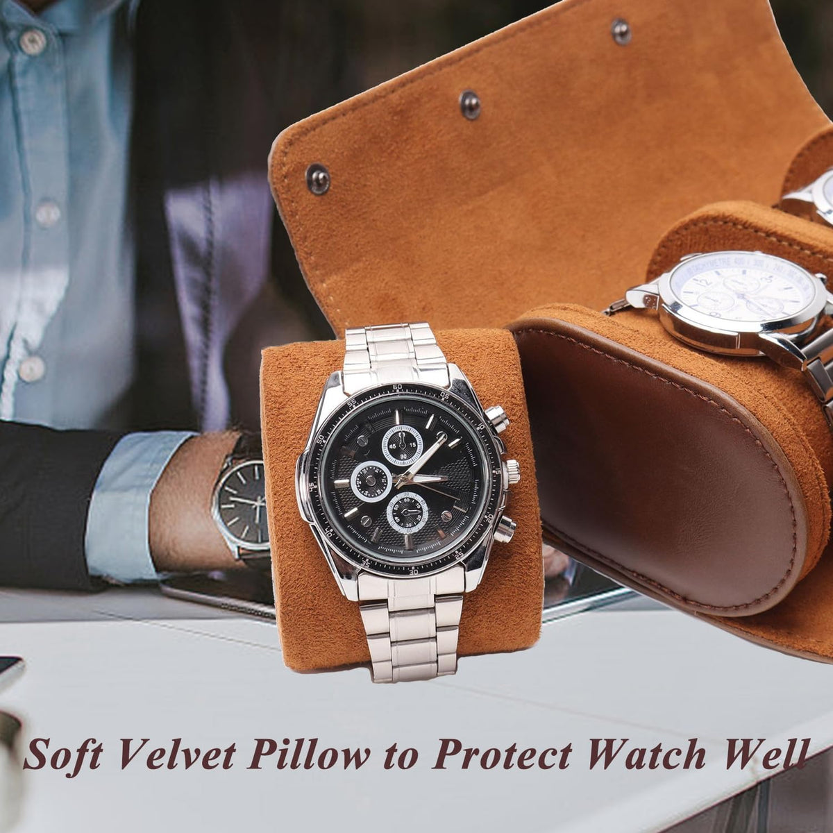 Watch Travel Case, Luxury Leather Watch Roll 2 Slot Organizer Box, Jewelry Storage Case Gifts for Man and Woman Christmas Anniversary Birthday (Brown-2slot)