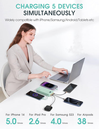 Portable Power Bank, 20000mAh 22.5W USB C Fast Charging Power Bank with Built-in Cables & Wall Plug, External Battery Pack with LED Display, Ultimate Travel Essential for iPhone, iPad, Samsung Green