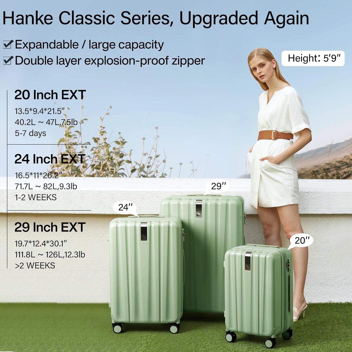 Hanke 29 Inch Expandable Checked Luggage Lightweight PC Hard Shell Luggage Suitcases with Wheels Travel Luggage Rolling Large Suitcase Travel Luggage Bag for Study Abroad.(Bamboo Green)
