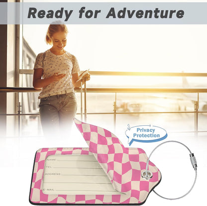 2 Pack Luggage Tag for Suitcase, Groovy Pink Checkerboard Leather Bag Tags Identifiers Privacy Cover ID Label with Durable Steel Loop for Women Men Kids Girls Travel