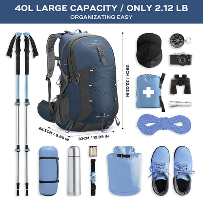 Maelstrom Hiking Backpack,Camping Backpack,40L Waterproof Hiking Daypack with Rain Cover,Lightweight Travel Backpack,Blue